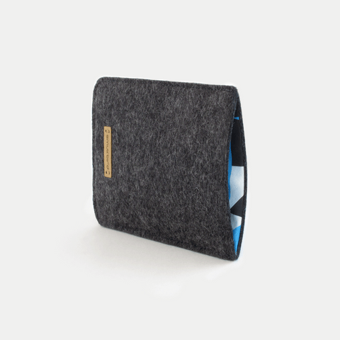 Handytasche für Motorola Razr 60 ultra aus anthrazit Wollfilz und Baumwolle, innen blau, stilvolles Design.