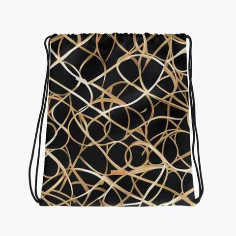 Turnbeutel mit schwarzen Hintergrund und feinen goldenen Linien, flach ausgelegt.