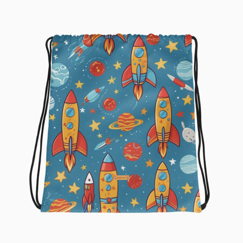 Turnbeutel mit Weltraum- und Raketenmuster, flach ausgelegt.