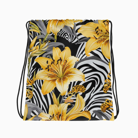 Turnbeutel mit gelbem Savannenblüten-Design, flach ausgelegt.