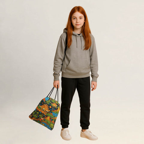 Person hält einen Turnbeutel mit Dinosaurier- und Pflanzenmuster locker in der Hand.