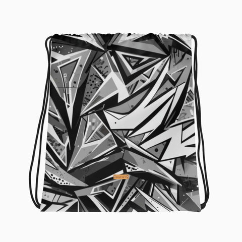 Turnbeutel mit grauschwarzem grafischen Muster, flach ausgelegt.